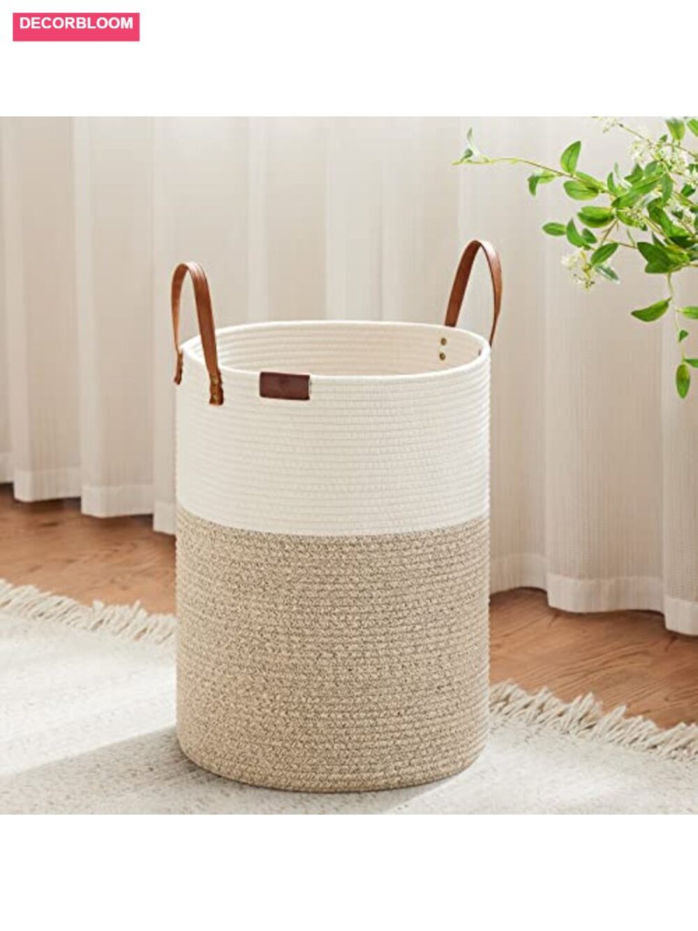 Woven Rope Laundry Hamper with Leather Handles, 30L Cotton Basket for Nursery &